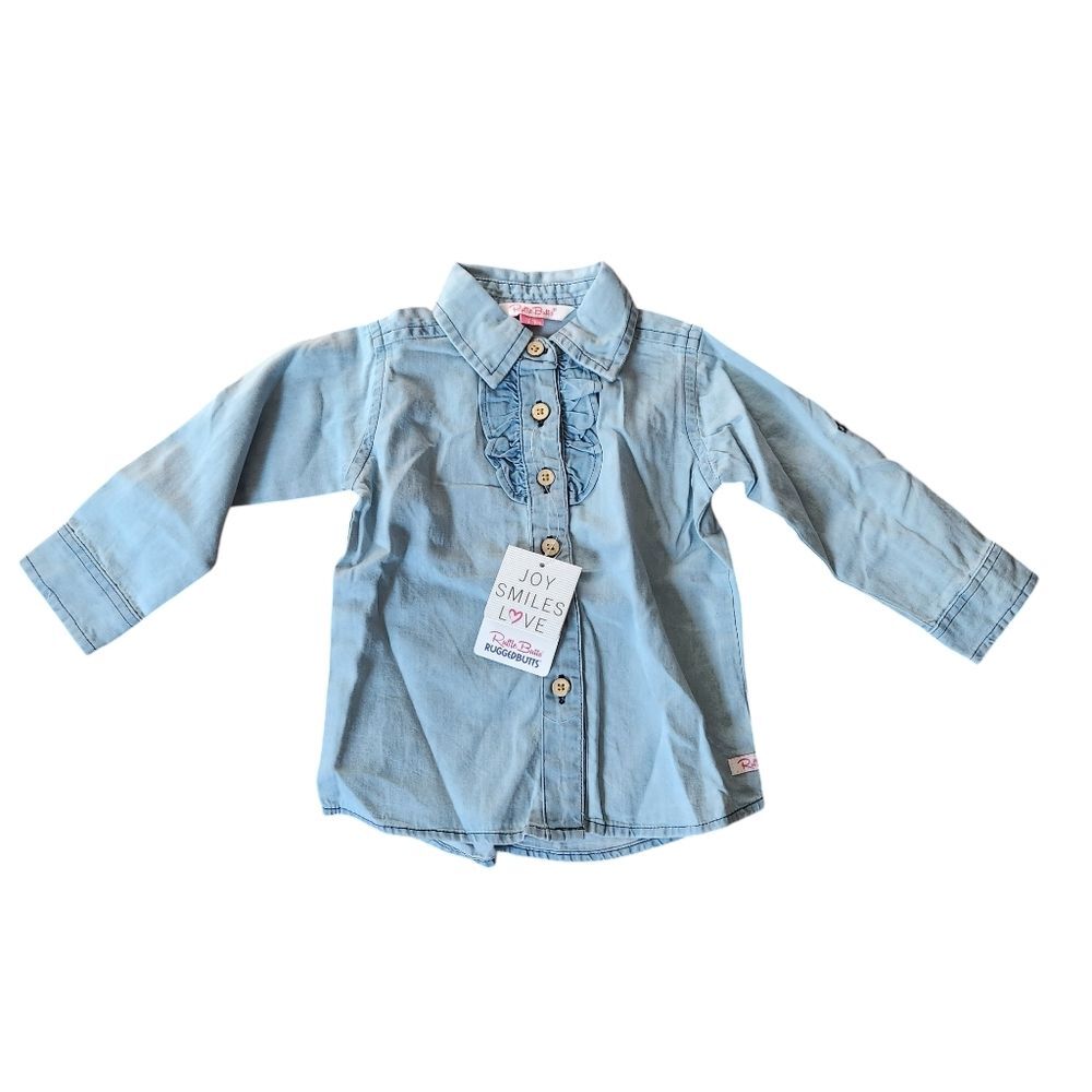 Ruffle Butts Long Sleeve Button Down Ruffle Denim Shirt Size 12-18 months NWT